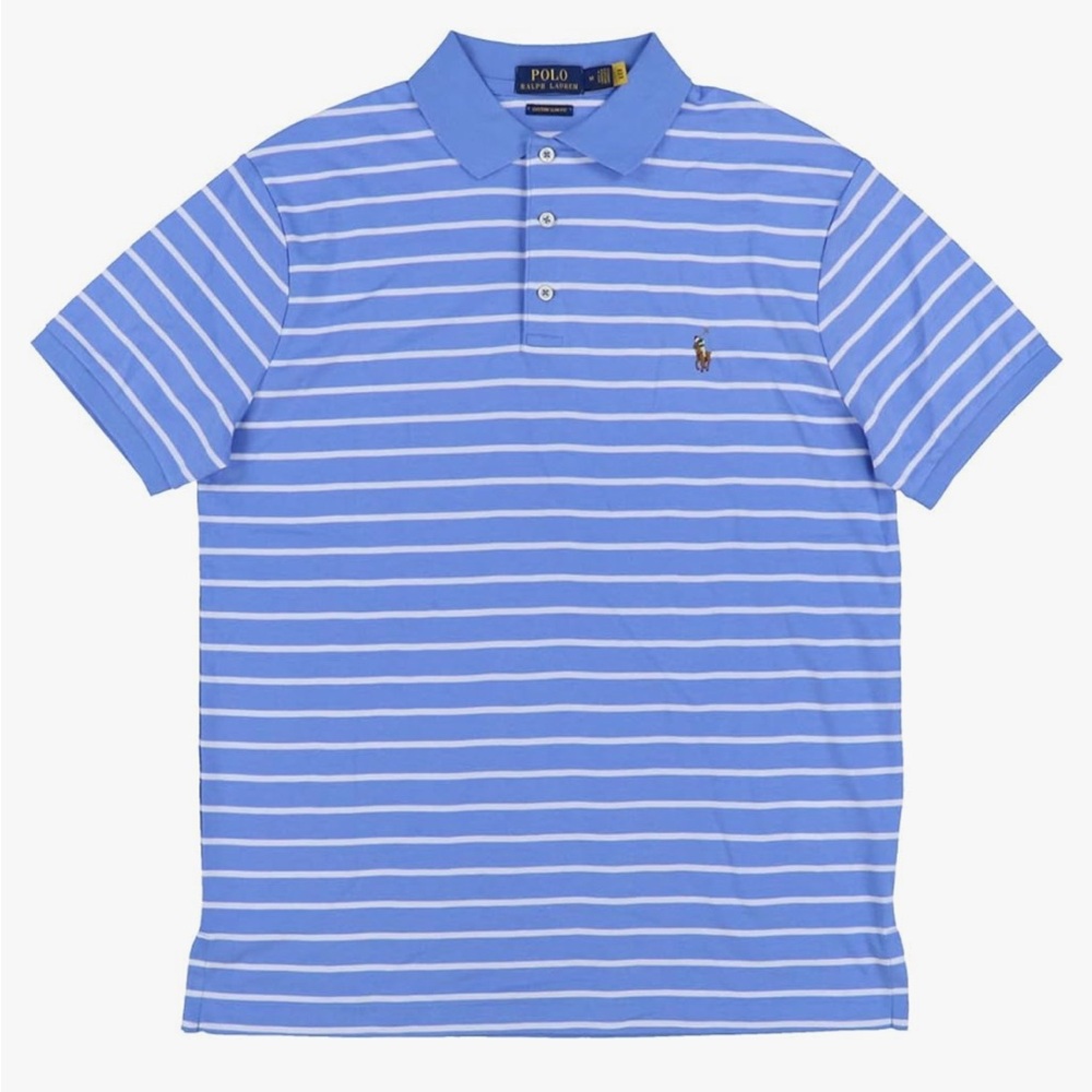 Polo Ralph Lauren Mens Custom Slim Fit Interlock Polo Shirt - Blue White Stripes